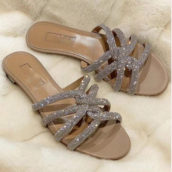 Fashion Cross Cutout Rhinestone Flat Bottom Open Toe Sandal Sandals Slides