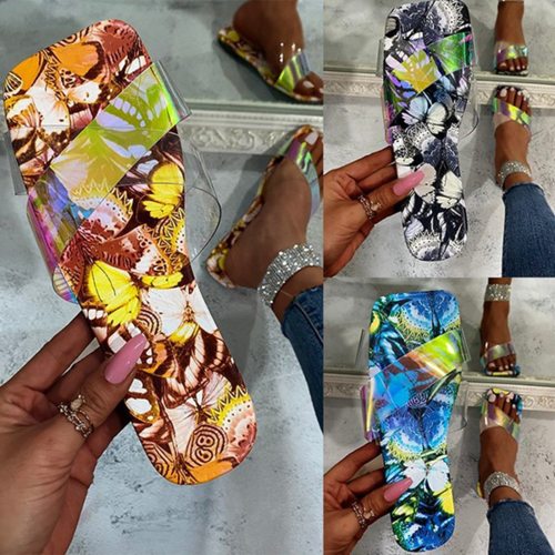 Closed Toe Slip On Mules Flat Head Butterfly Printed Sandal Sandals Slides QY213344