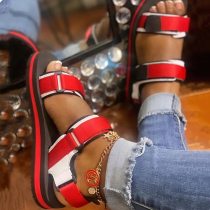 Contrast Color Open Round Toe Buckle Strap Flat Sandal Sandals