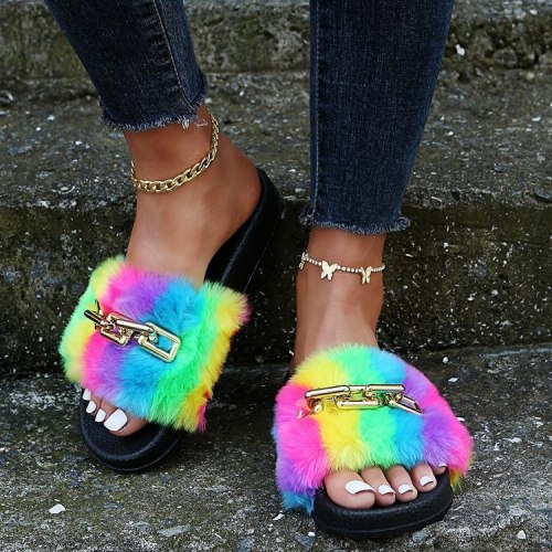 Fashion Rainbow Chain Flat Bottom Women's Slippers  727