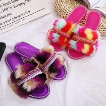 Colorful Furry Flat Rhinestone Outdoor Transparent Flip Flops Slippers Slides Sandals 3208