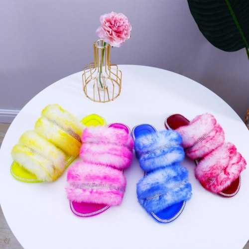Fashion Furry  Rhinestone Flat-bottom Plush  Slippers Slides Sandals 2028
