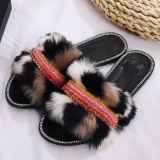 Colorful Furry Flat Rhinestone Outdoor Transparent Flip Flops Slippers Slides Sandals 3208