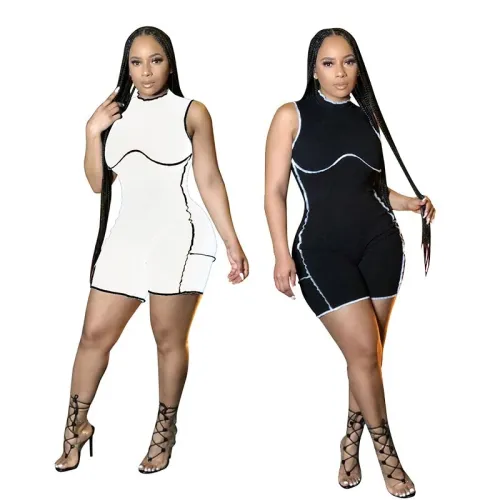 Sexy Line Patchwork Solid Color Round Neck Bodycon Fashion Bodysuit Bodysuits Outfit Outfits G6044