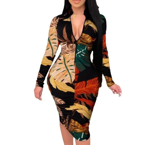 Fashion Print V-Neck Zipper Dress Dresses M0484