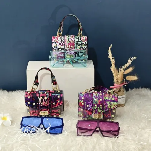 Trending Graffiti Pattern Clear PVC Jelly Rivet Match Shade Sunglass Set PS-8288