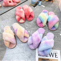 Fashion Rainbow Color Plush Open Toe Indoor Fur Slipper Slippers Slide Slides &3440