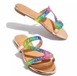 Fashion Open-toed S-shaped Rhinestone Flat Durable Slippers Slides