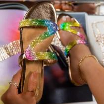 Fashion Open-toed S-shaped Rhinestone Flat Durable Slippers Slides