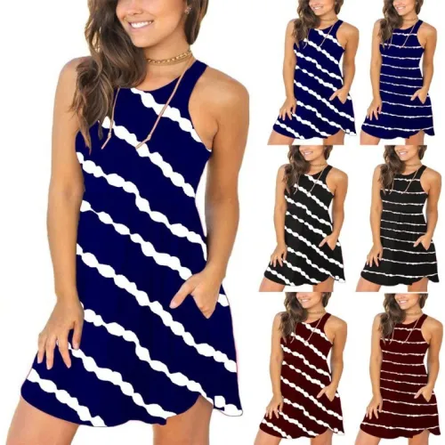 Fashion O-neck Tank Sexy Stripe Pockets Dress Dresses AFY109