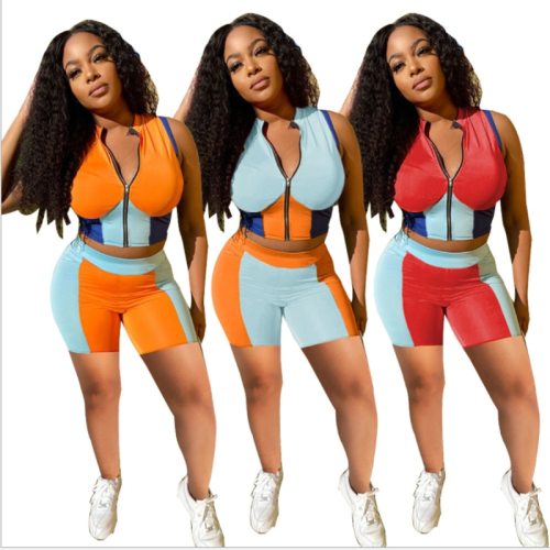 Women Patchwork Sleeveless Matching Two 2 Piece Set Bodysuit Bodysuits Outfit Outfits D8032