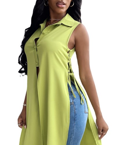 Fashion Shirts Solid Sleeveless Turn-down Collar Single Breasted Splited X-long Shirts Top Tops D8046