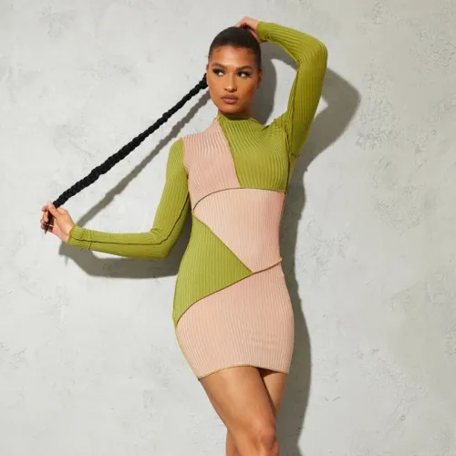 Knitted Long Sleeve Patchwork Cute  Skinny Mini Dresses X21DS433
