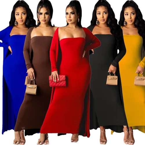 Sexy 2 Piece Set Long Sleeve Cardigan Bodycon Strapless Dress Dresses R6322