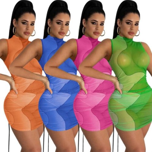 Sexy Mesh Sheer Patchwork Sleeveless Drawstring Dresses YM-8607