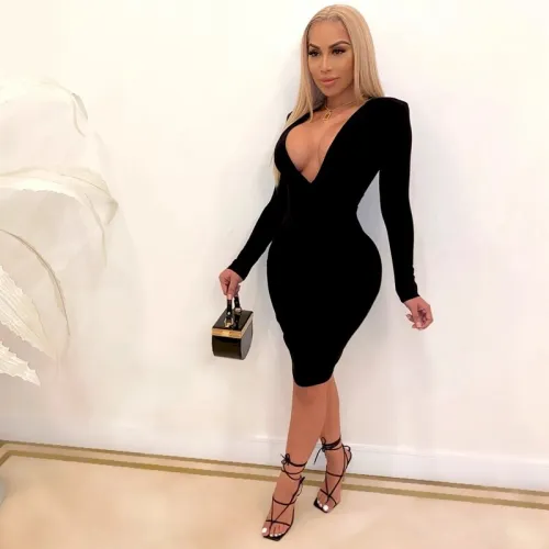 Sexy Solid Color Deep V Neck Long Sleeve Bodycon Dress Dresses 2612