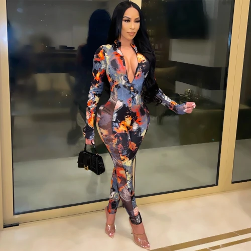 Sexy Print O-Neck Long Sleeve Bodysuit Bodysuits Outfit Outfits C5180