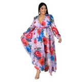 Fashion Print Chiffon Casual V Neck Sleeveless Plus Size Dresses D5500-D5511