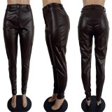 Sexy Pu Leather Pants Button Fashion High Waist Pant Pants LS6403