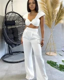 Sexy Ruched Crop Top and Wide Leg Pant Suits Bodysuit Bodysuits Outfit Outfits ZM9030