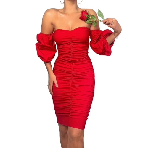 Sexy Strapless Bra Lantern Sleeve Pleated Tight Buttocks Dress Dresses MY1251