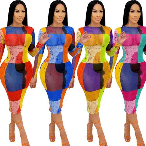 Sexy Colorful Print Mesh See Through  Bag Hip O Neck Dresses X5197