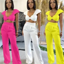 Sexy Ruched Crop Top and Wide Leg Pant Suits Bodysuit Bodysuits Outfit Outfits ZM9030