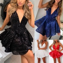 Sexy Deep V-neck Backless A-line Sequin Dress Dresses SU1938