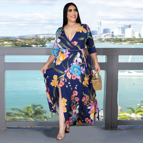 Sexy Print Half Sleeve V-neck Split Loose  Bandage Dress D1112-D1116