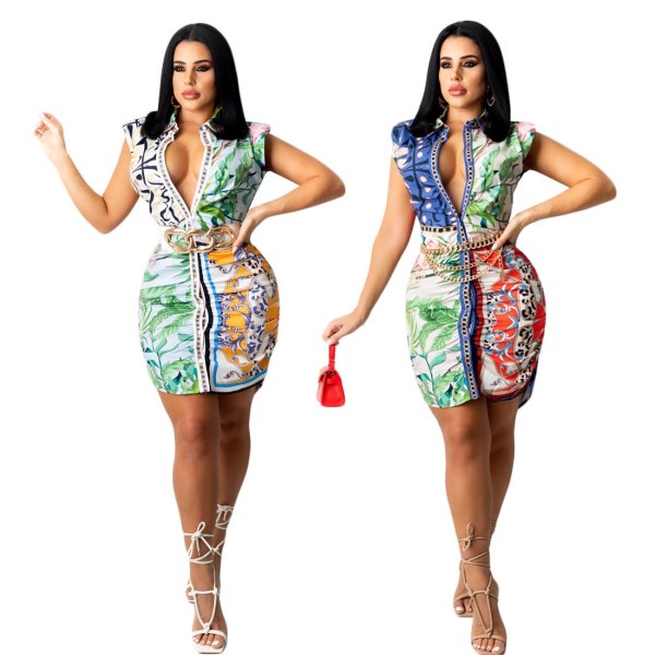 Fashion Printing Pleated High Waist Turn-down Collar Dresses K7018