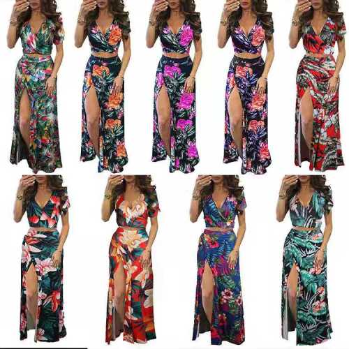 Sexy Print Vintage V-Neck Split Dress Dresses 21065#