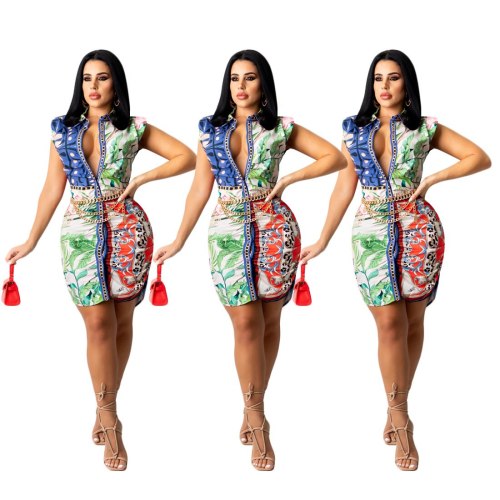 Fashion Printing Pleated High Waist Turn-down Collar Dresses K7018