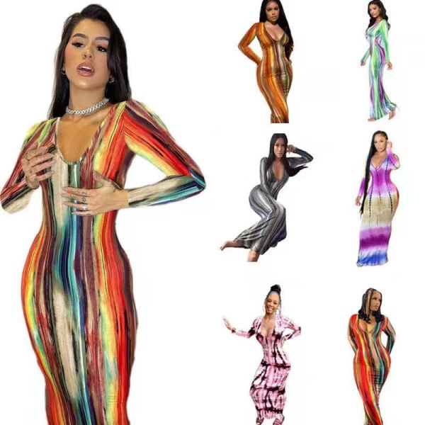 Women V-Neck Colorful Print Fashion Slim Tie Dye Dresses LWZ9091