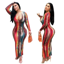 Sexy V Neck Long Sleeve  Tie Dye Printed Long Dresses Z88630