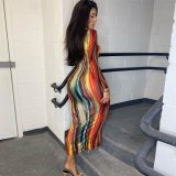 Women V-Neck Colorful Print Fashion Slim Tie Dye Dresses LWZ9091