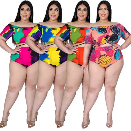 Plus Size Sexy Slash Neck Hollow Out Tie-dye Print Swimsuit Swimsuits AP7015