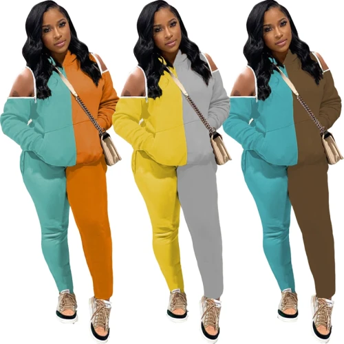 Fashion Patchwork 2 Piece Set Off Shoulder Hoodies Tracksuit Tracksuits CL239