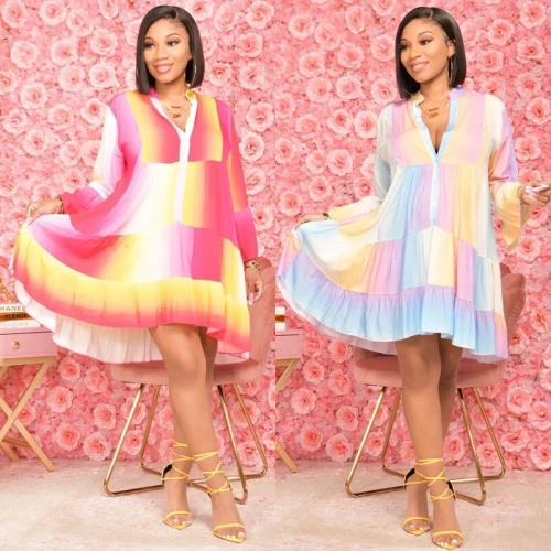 Sexy Tie Dye Loose  Flare Sleeve Button Up Tops Dress Dresses A5079