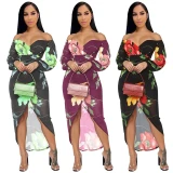 Sexy Mesh Sheer Print Off Shoulder V Neck Bodycon Dresses YL88883