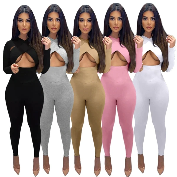 Sexy Hollow Cross Long Sleeve Fitness Pants Bodysuit Bodysuits Outfit Outfits 5063