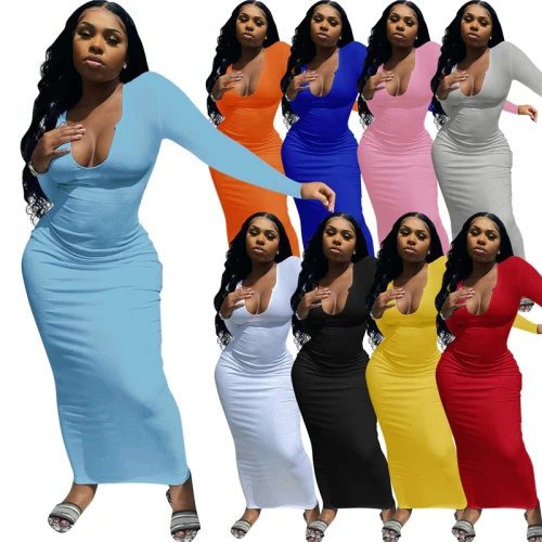Ribbed Knitted Bodycon V Neck Slim Long Dresses Q21S910