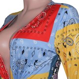 Print V-neck Lace-up Hollow Out Skinny Bodysuit Bodysuits Outfit Outfits S390187