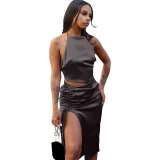 Women Halter Off Shoulder Drawstring Pleated Lace Up Dress Dresses L257