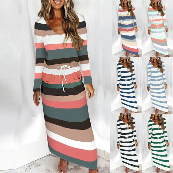 Women's V-Neck Loose Print Striped Long-Sleeved One-Piece Dresses