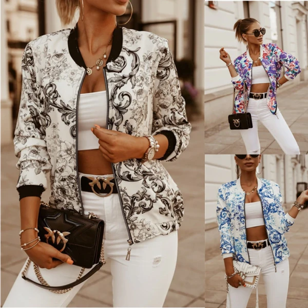 Fashion Print Long Sleeve Zipper Up Vintage Slim Jacket Coats 2007384