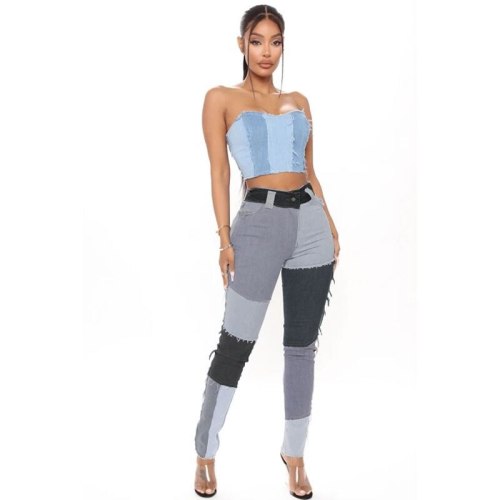 Fashion Striped Patchwork High Waist Jeans Pant Pants 9070