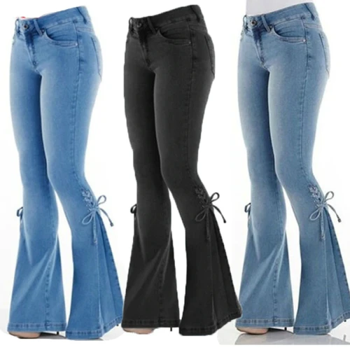 Fashion Mid Waist Flare Lace Up Slim-fit Stretch Jeans Pant Pants  XS0040