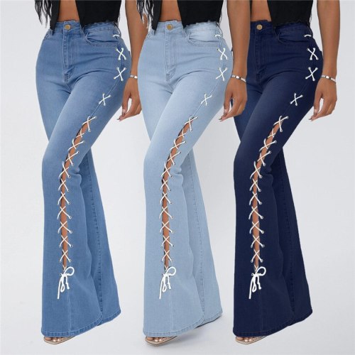 Women Vintage High Waist Fashion Stretch Flare Jeans Pants PD9397+PD9396