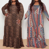 Plus Size Leopard O-Neck Long Sleeve Color Printing Elastic Dress Dresses 138495