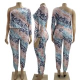 Women's Printed Slanted Shoulder Sleeves Asymmetrical Bodysuit Bodysuits Outfit Outfits M6609110